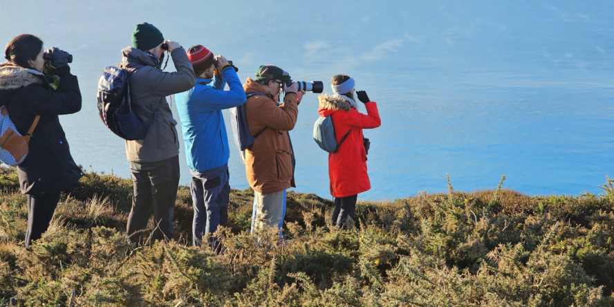 Groupe de tous les ages en pleine nature observant avec des jumelles
